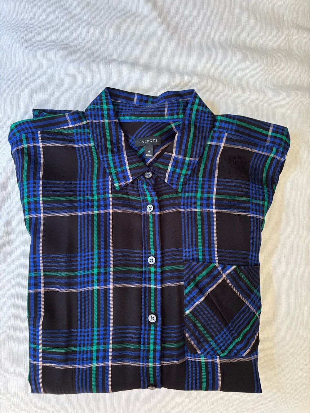 Women’s, (size M), Talbots Blue and Green Plaid Button-Down Shirt